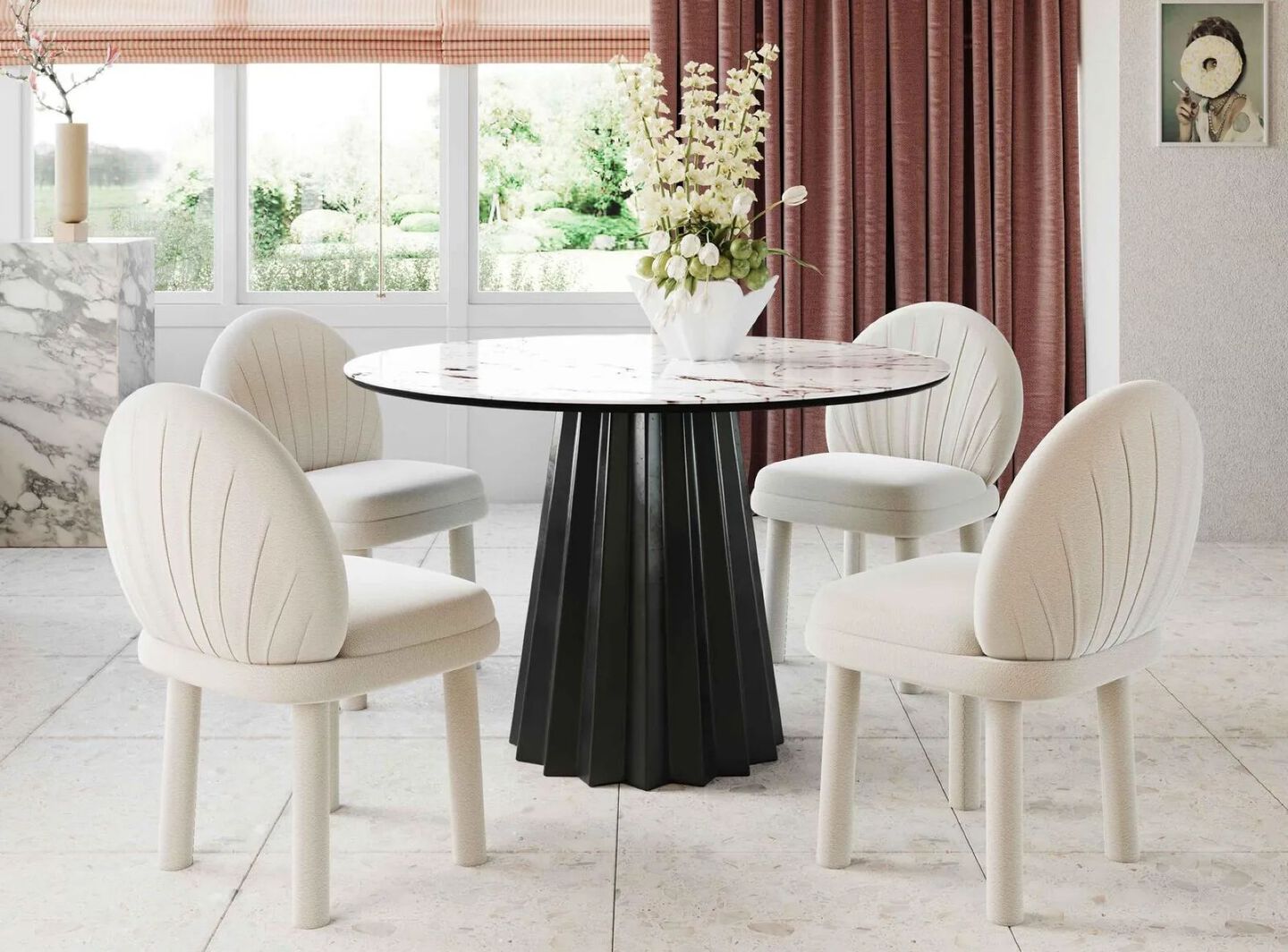 Black stone round dining table surrounded by white plush chairs