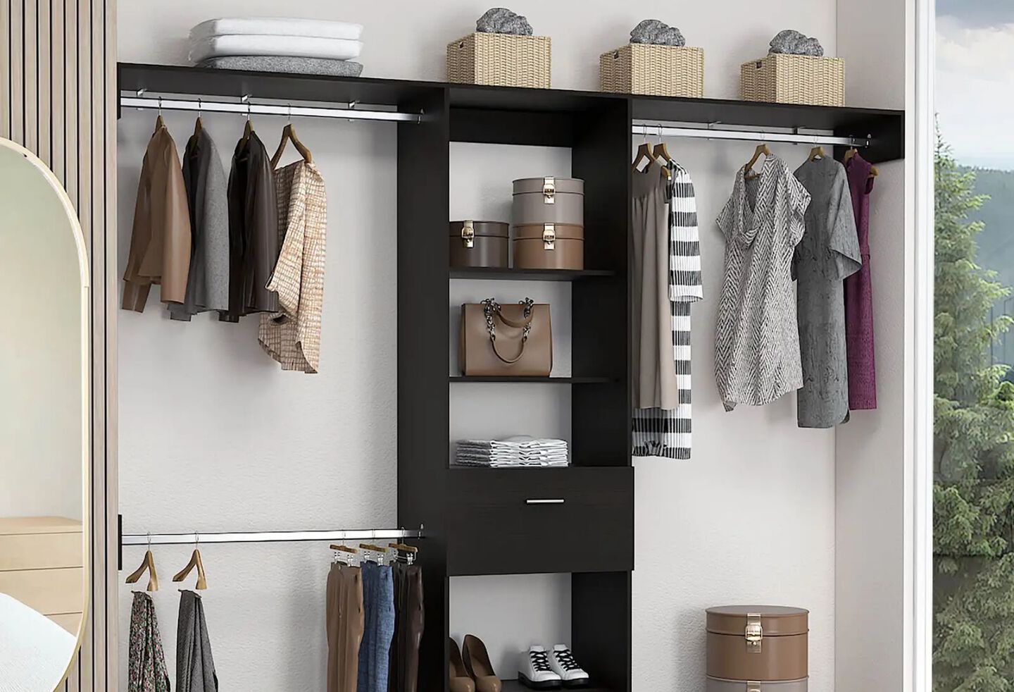 Closet with a black organizer with several shelves and racks for clothes