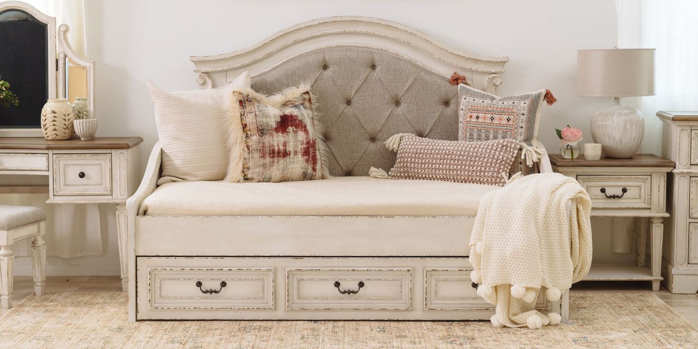 Small upholstered bedroom bench with underneath storage
