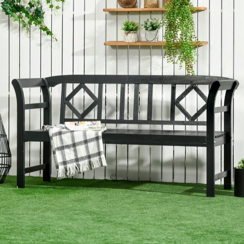 Wooden Patio Bench, Outdoor Garden Bench with Backrest and Armrests, 3 Seaters, Porch Bench with Rustic Country Diamond Pattern