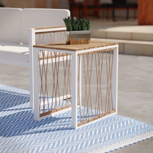 Outdoor End Table Natural Wood White