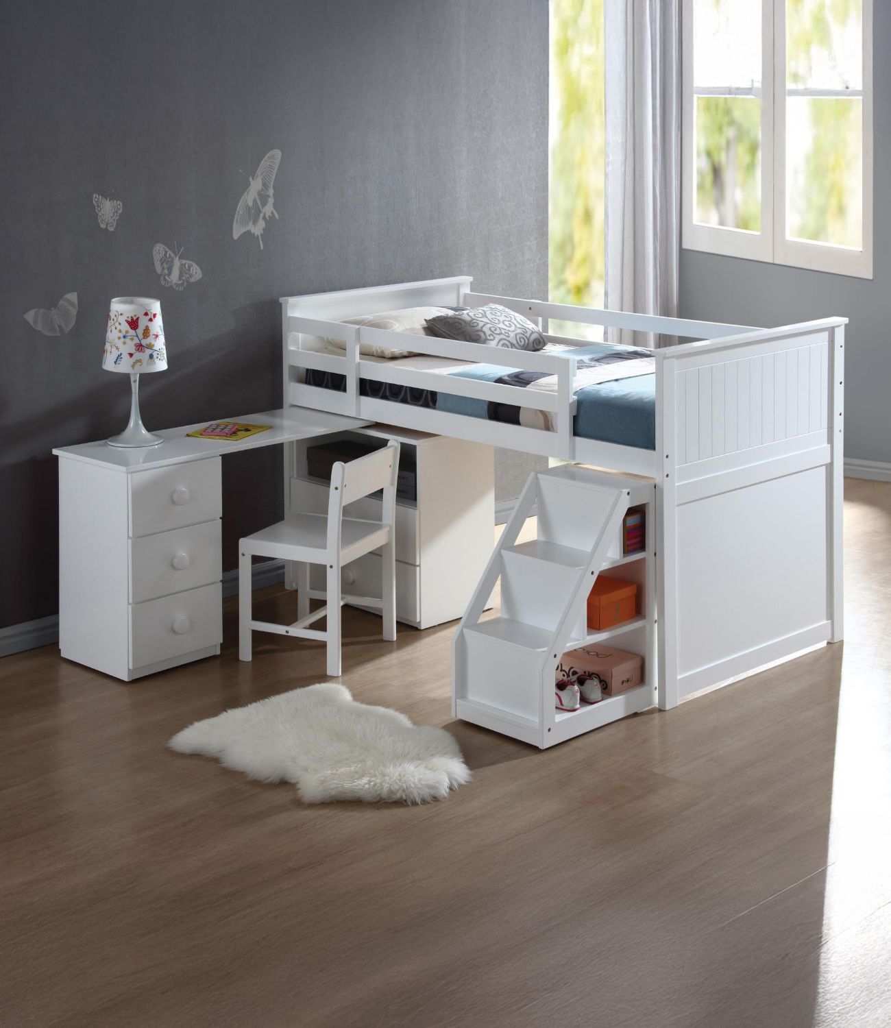 Benzara Wyatt Loft Bed, Chest, Desk & Ladder In White