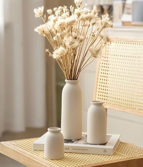  Texas Style Set of 3 Beige Ceramic Vases &ndash; Small Modern Boho Farmhouse Centerpieces for Dried Flowers