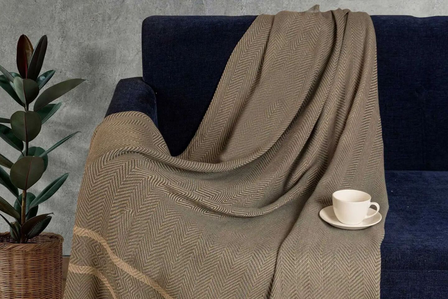Dark blue couch with a brown blanket and tea cup sitting on top