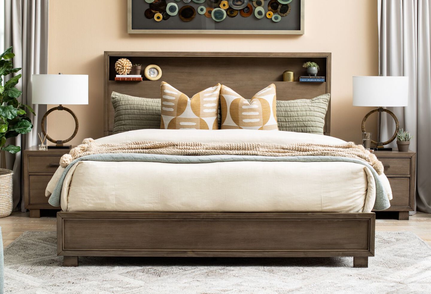 Brown wooden platform bed in a bedroom with two matching brown nightstands