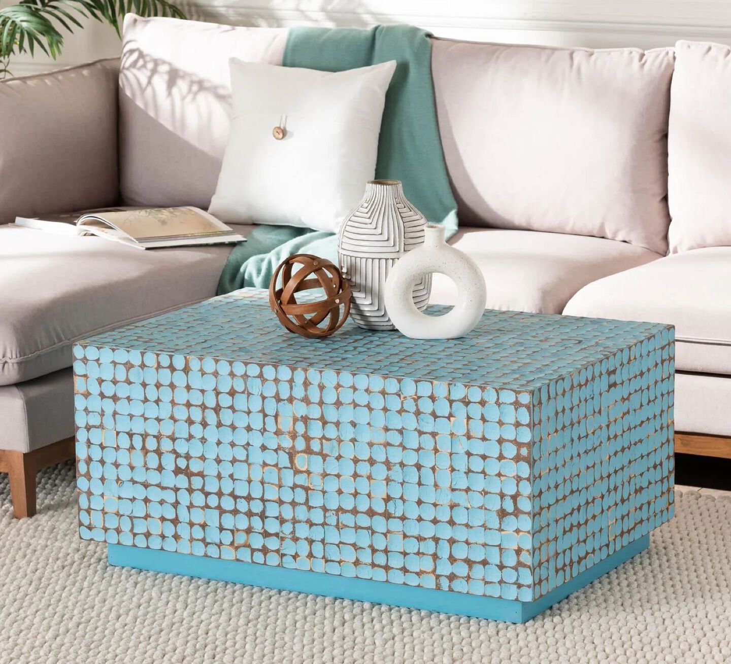 bali & pari Nitza Bohemian Blue Coconut Shell and Acacia Wood Coffee Table