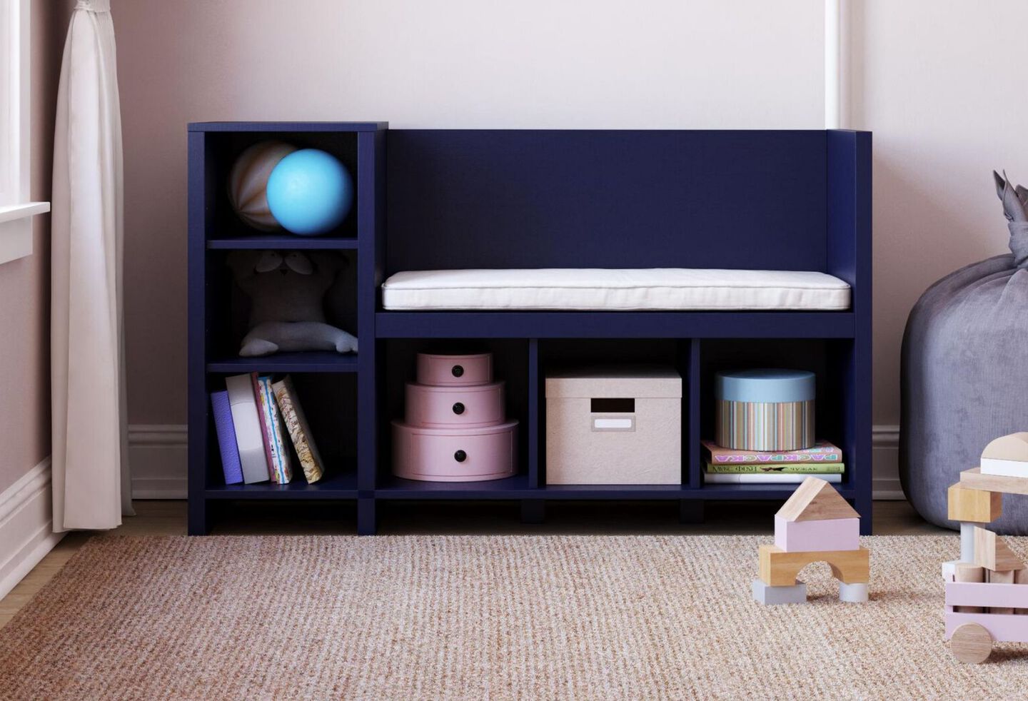 Dark blue kids storage cabinet with two shelves and three cubbies