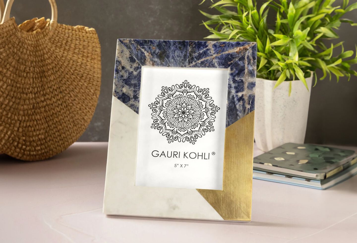 Counter with fake plant and a blue, gold, and white picture frame