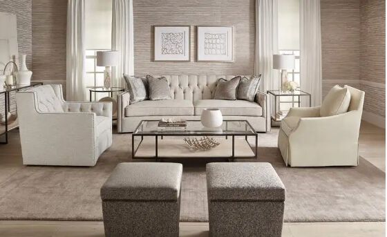 Light neutral living room with cream colored furniture placed in 
