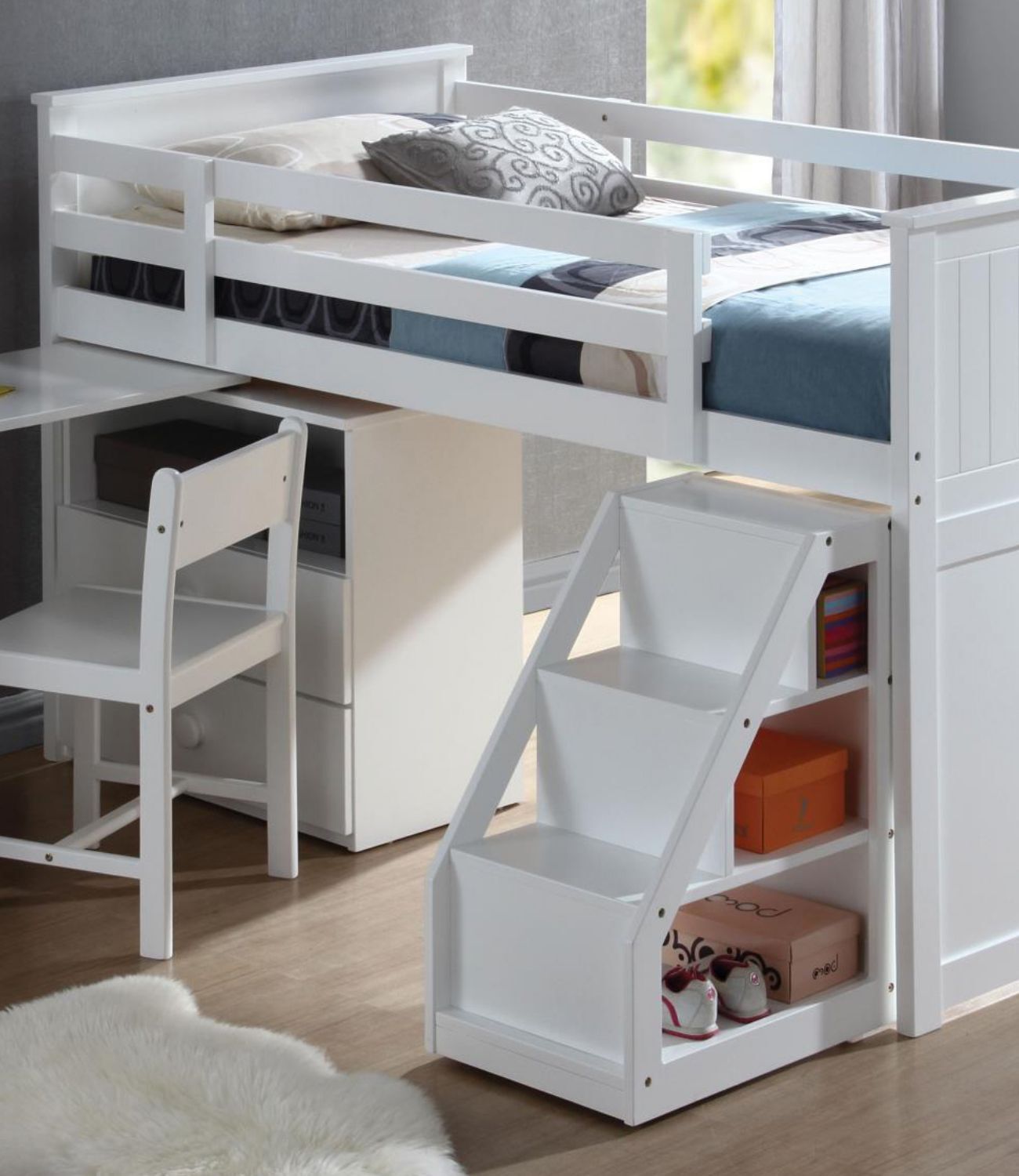Benzara Wyatt Loft Bed, Chest, Desk & Ladder In White