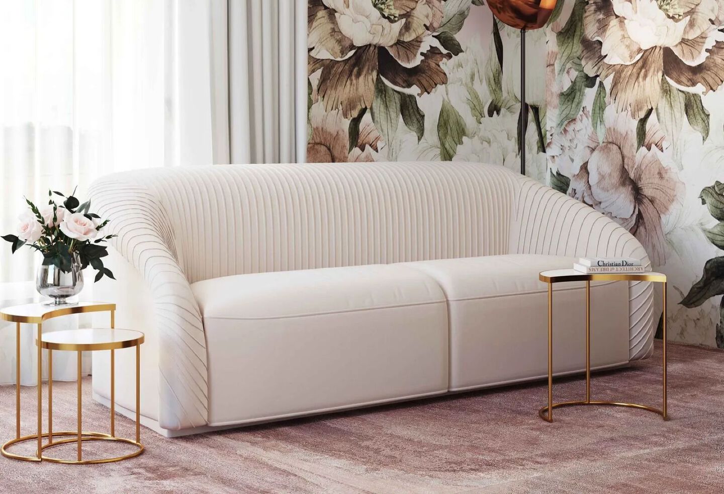 Living room with gold side tables and a white upholstered sofa