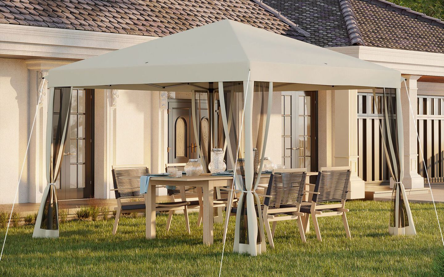 Pop up canopy tent tied down in a backyard with a house in the background
