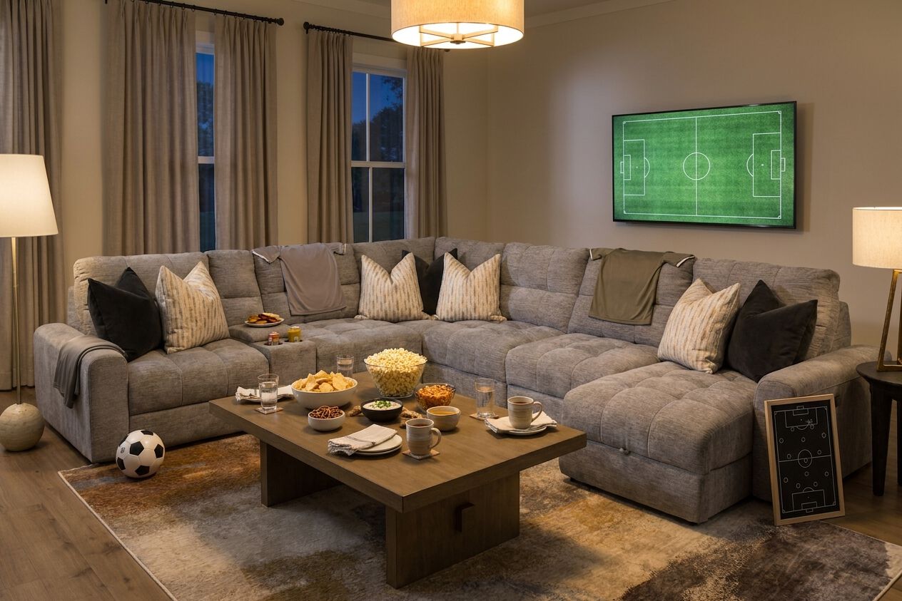 Large grey sectional in a living room set up with snacks and decor, ready for a soccer game day.