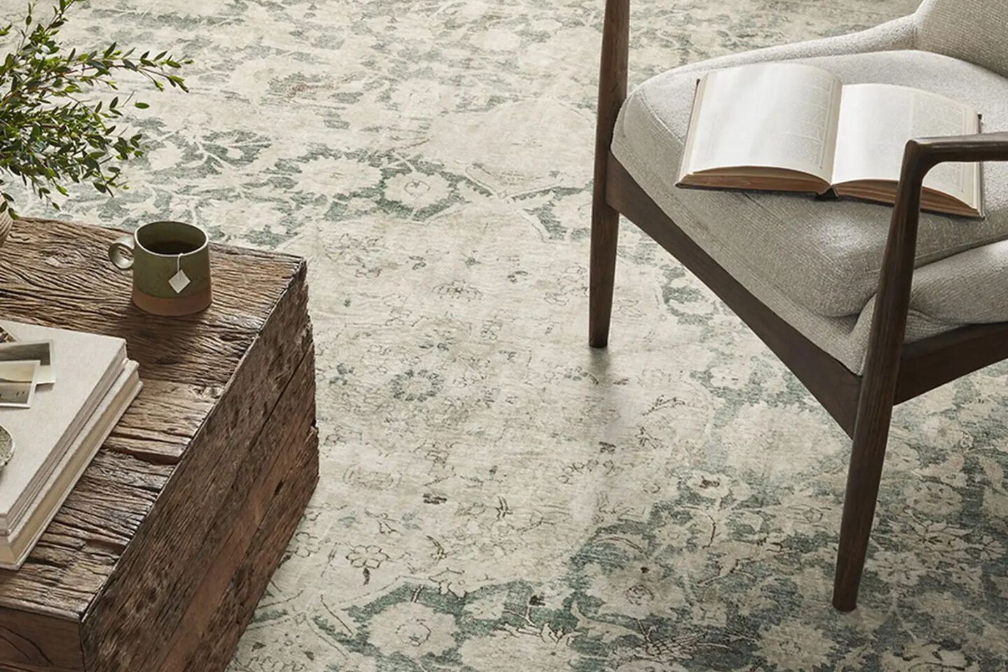 Living room with wooden chair, wooden coffee table, and light blue and beige rug