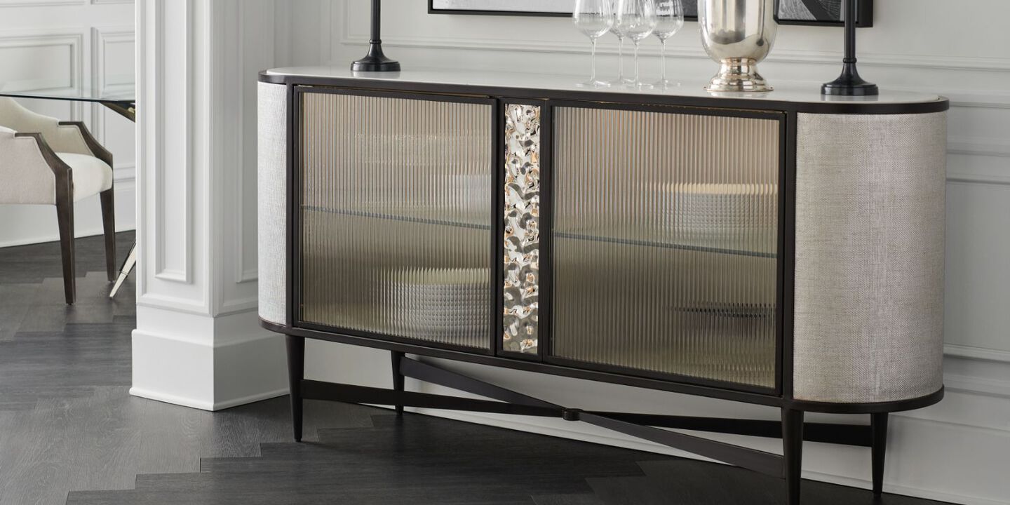 grey and silver sideboard with glass doors