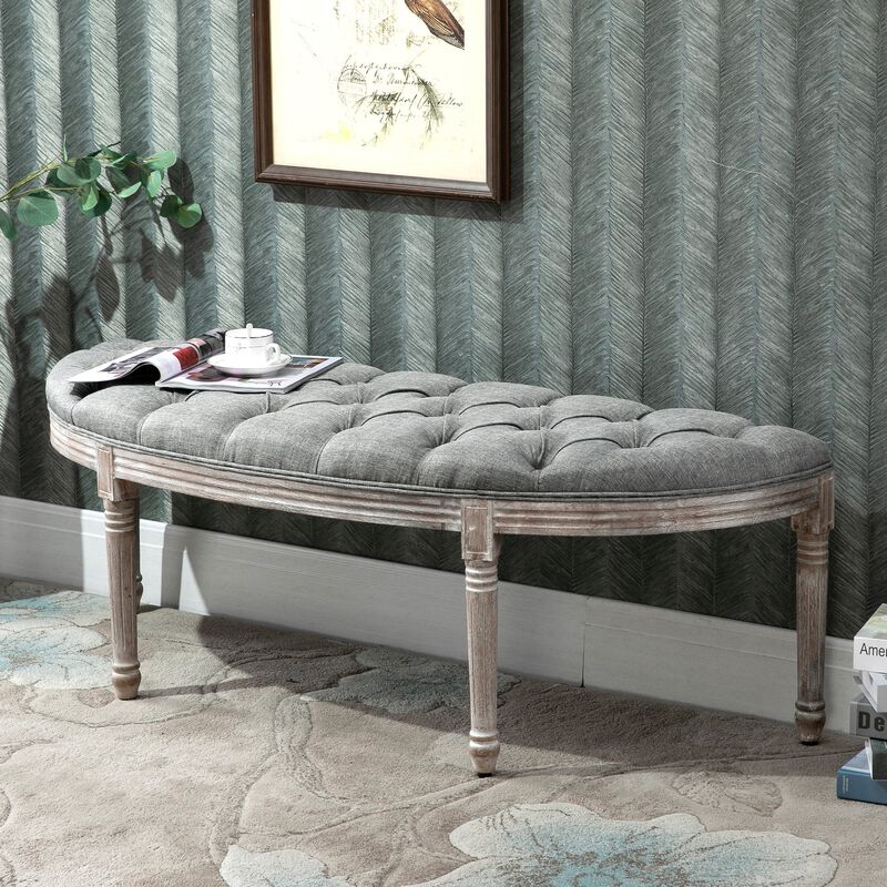 Vintage Semi-Circle Hallway Bench Tufted Upholstered Linen-Touch Fabric Accent Seat with Rubberwood Legs, Grey image number 2