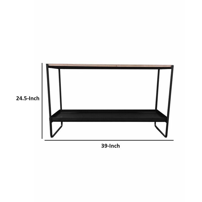 Evon 39 Inch Console Table, Natural Brown Wood Top and Shelf, Black Metal