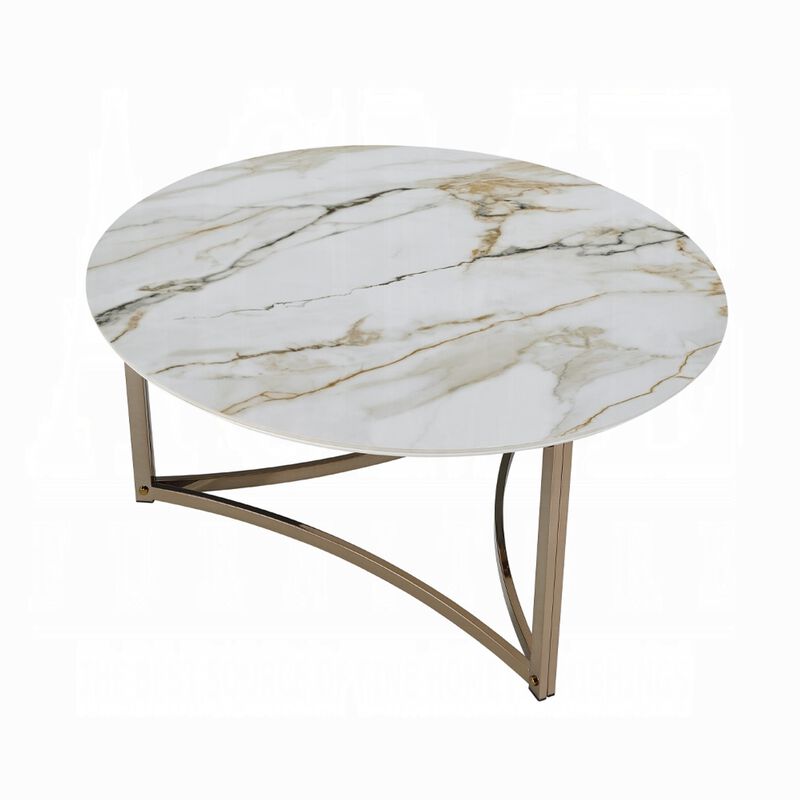 Acor Coffee Table, 35 Inch, Round Sintered Stone Top, White and Gold