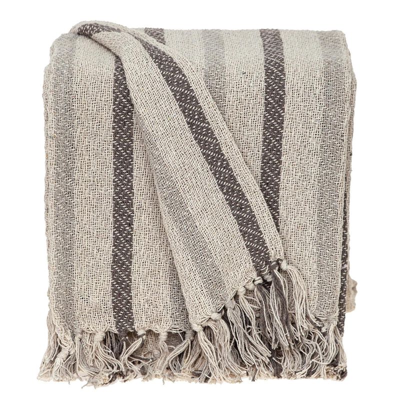 HomeRoots 67" X 52" Beige And Taupe Cotton Woven Striped Throw Blanket with Fringe image number 4