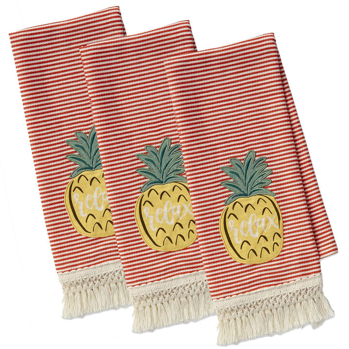 Set of 3 Red and Yellow Island Tropics Pineapple Embellished Dish Towel  28"