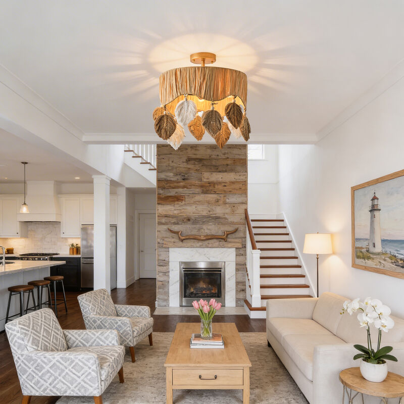 15.7" 4-Light Boho Antique Gold Handwoven Raffia Semi-Flush Mount Ceiling Light with Leaf-Shaped Cotton Cord Hanging Ornament for Bedroom, Living Room or Entryway image number 4