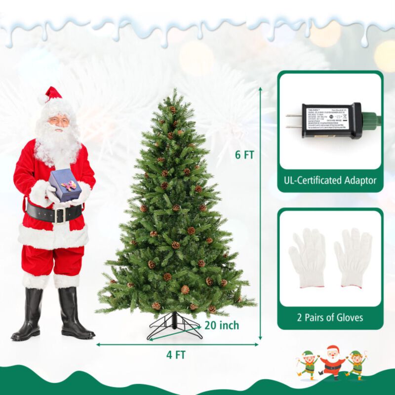 Hivvago 6/7 FT Artificial Christmas Tree with Pine Cones and Adjustable Brightness