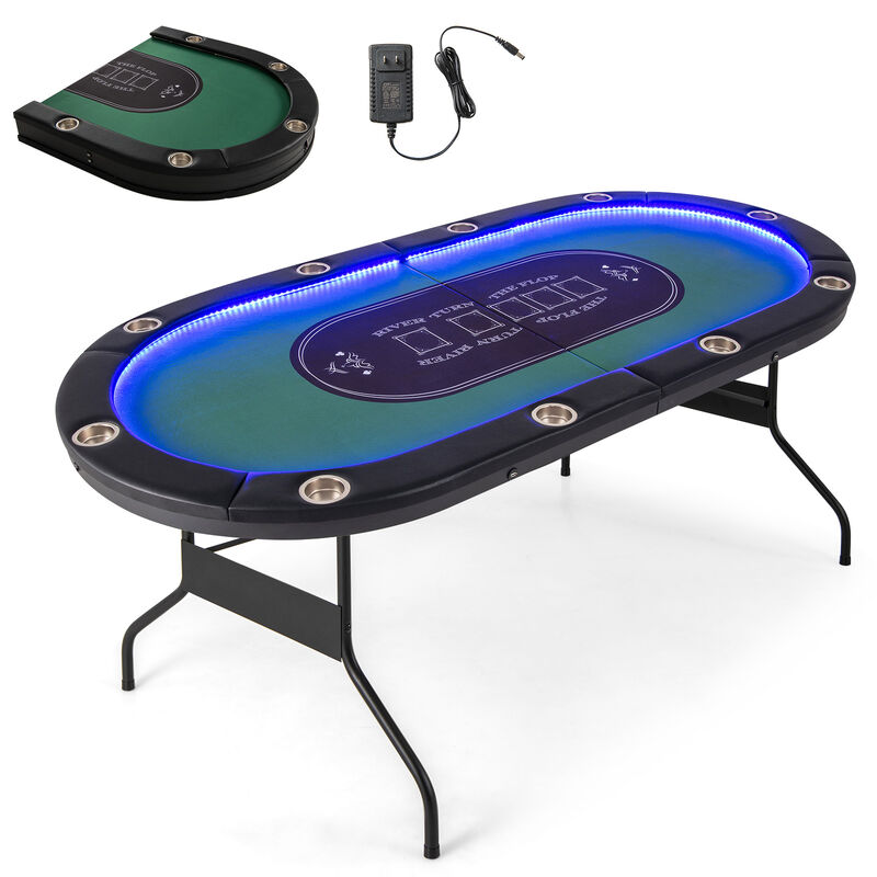 10 Player Poker Table with LED Lights and USB Ports for Home Game Room-Green image number 3
