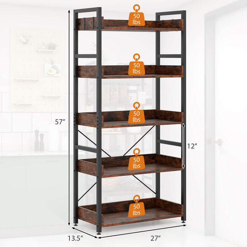 Open Storage 5-Tier Bookcase with 4 Hooks – Industrial Bookshelf for Any Room
