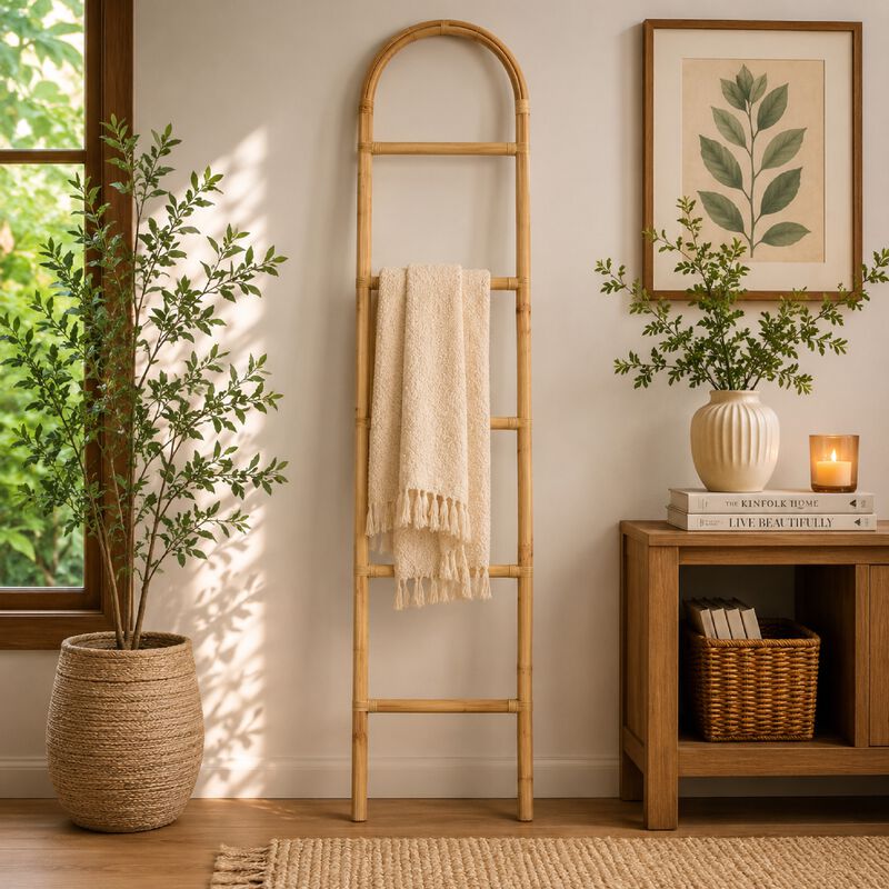 Kinu Decorative Ladder Rack with Arch Top, Natural Brown Wood, 72 Inch image number 8