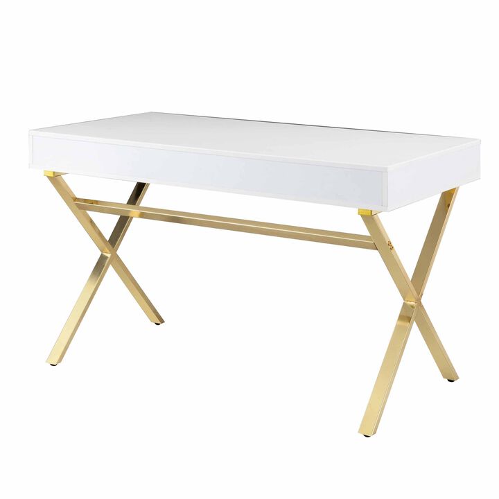 Gracie 47 Inch Desk, White Rectangular Top, 2 Drawers, Gold Metal Legs - Benzara