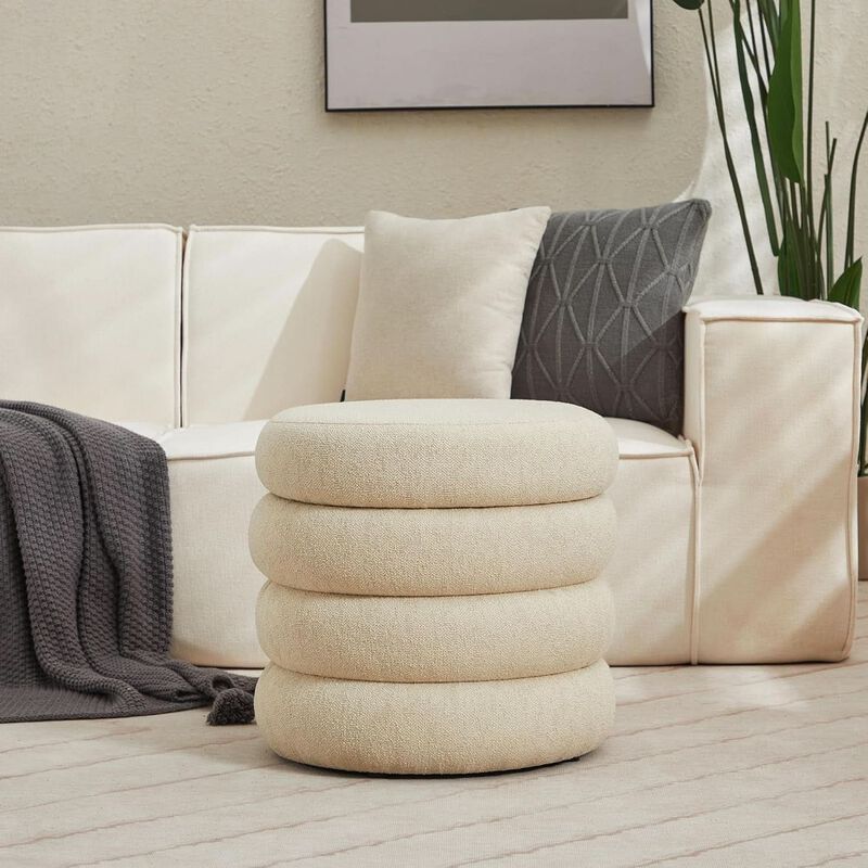 Beige Linen Upholstered Round Storage Ottoman - Removable Lid image number 3