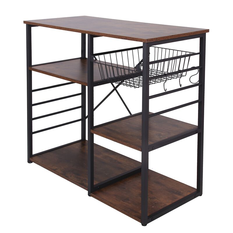 Wood and Metal Bakers Rack with 4 Shelves and Wire Basket, Brown and Black-Benzara image number 4