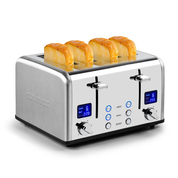Cusimax 4 Slice Toaster, Stainless Steel Toaster with Ultra-Clear LED Display & Extra Wide Slots, Dual Control Panels of 6 Shade Settings