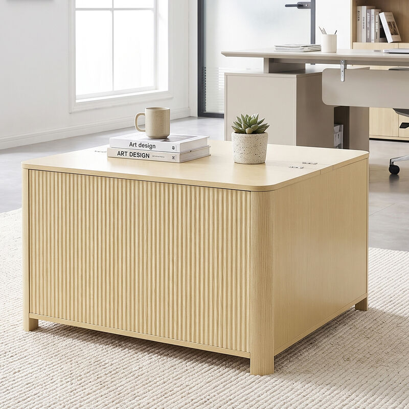 32" Modern Natural Wood Light Oak Fluted Square Coffee Table with Flip Top Hidden Storage image number 3
