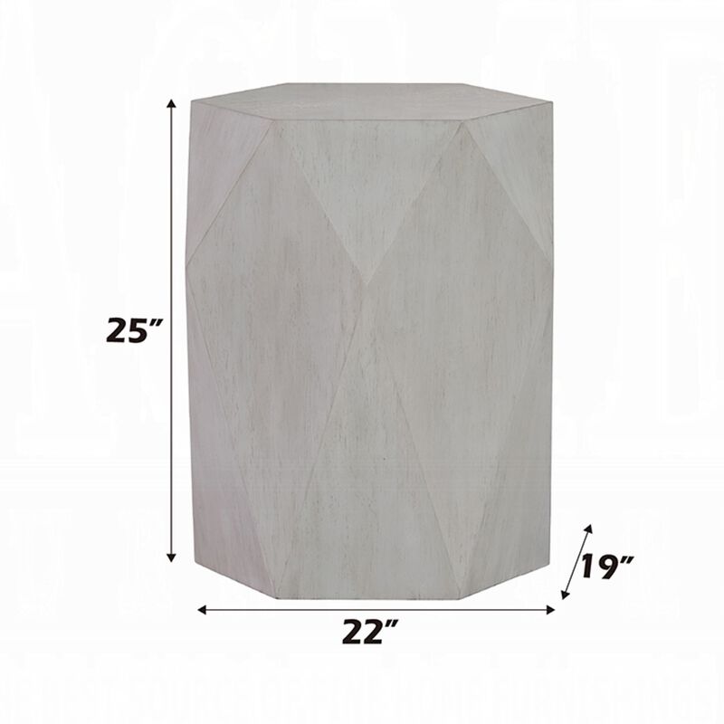 Hano Side End Table, White Rubberwood, 22 Inch, Geometric Design Body