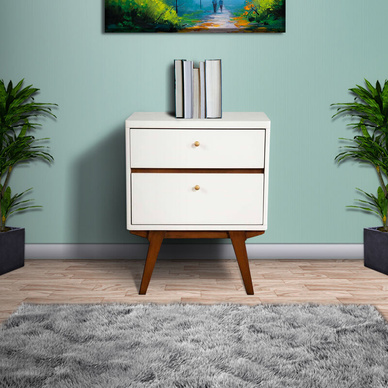 2 Drawer Wooden Nightstand with Angled Legs, White and Brown - Benzara