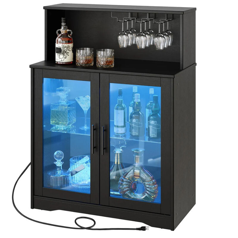 LED Wine Bar Cabinet with Glass Holder and Built-In Power Outlet image number 3
