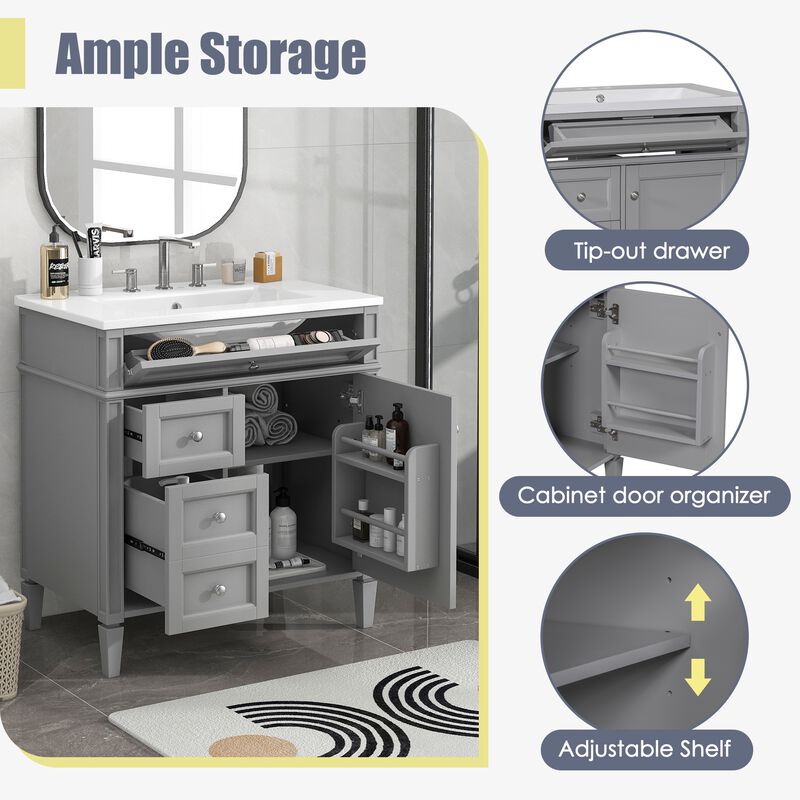 30 in. W Modern Single Sink Bathroom Vanity with 2 Drawers and 1 Tip-Out Drawer image number 3
