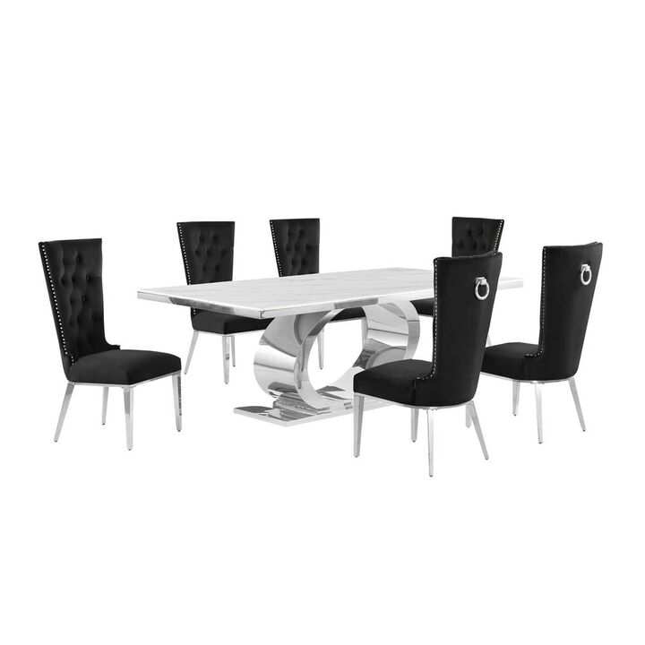 Best Quality Furniture 7pc Large(87) marble top dining set with silver base and 6 Black side chairs
