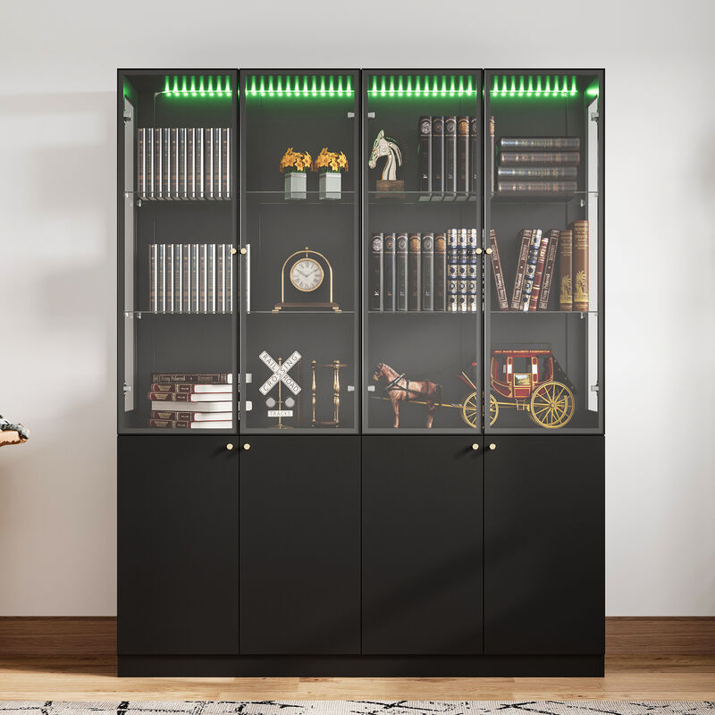 FUFU&GAGA Modern 8‑Door Display Cabinet with RGB LED Lighting, Tempered‑Glass Shelves, Aluminum‑Alloy Door Frames 63''L x 16.3''W x 78.7''H Black