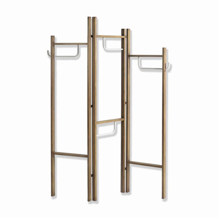 Modern Style 3 Panel Metal Screen with Hooks and Rod Hangings, Brown-Benzara