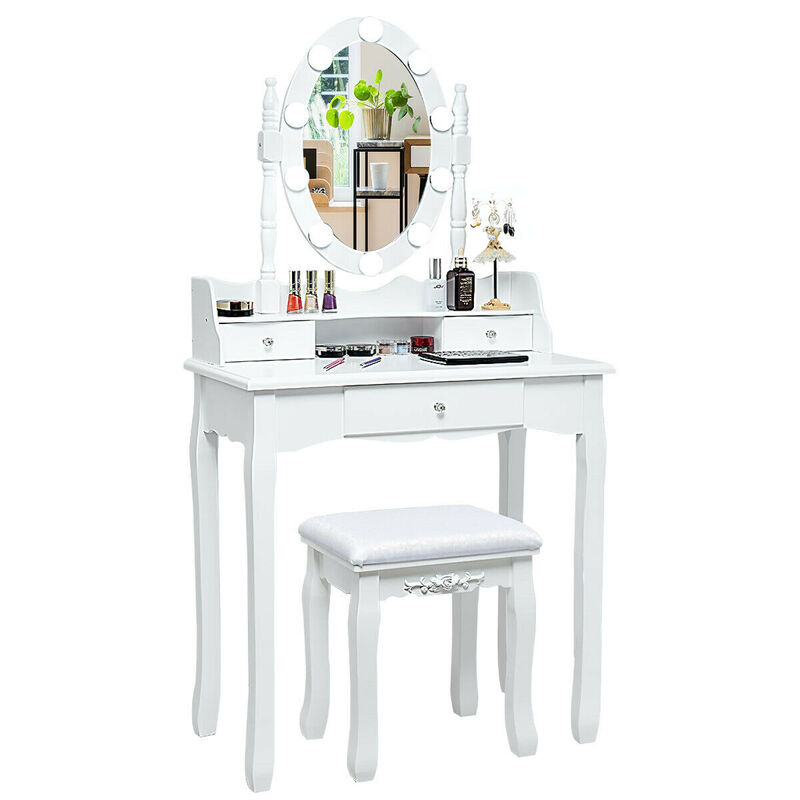 Vanity Set with Oval LED Mirror, 10 Dimmable Bulbs & 3 Drawers