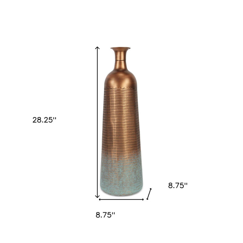 Hivvago 28 Inch Copper And Teal Abstract Tapered Metal Floor Vase