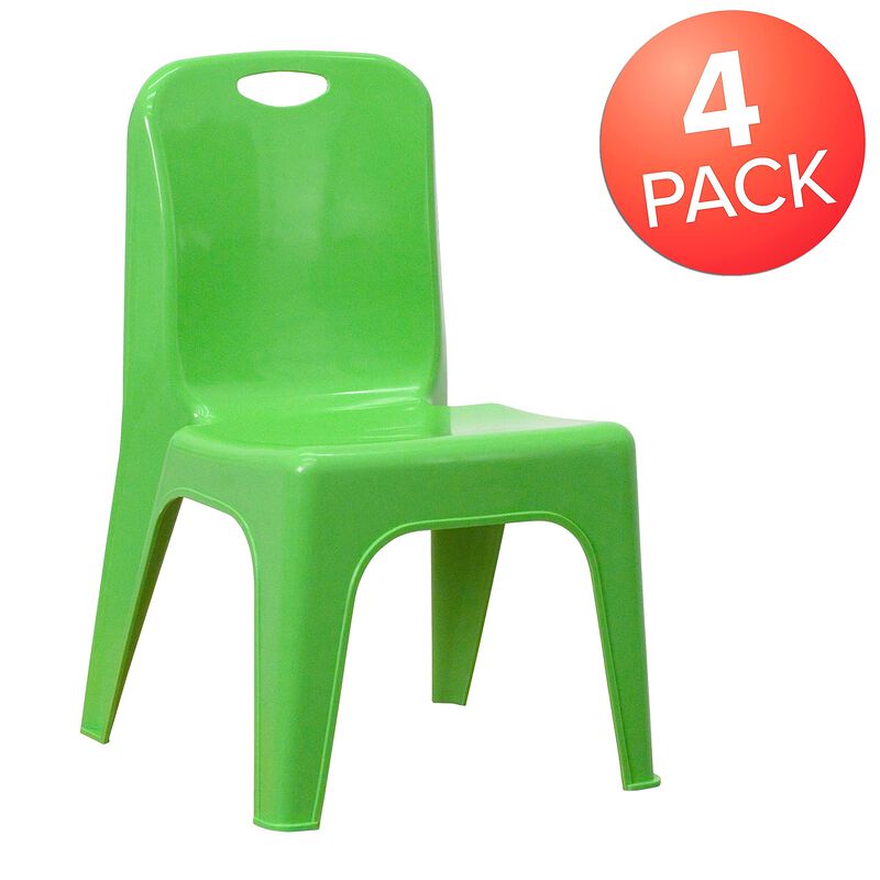 Flash Furniture Whitney 4 Pack Green Plastic Stackable School Chair with Carrying Handle and 11'' Seat Height