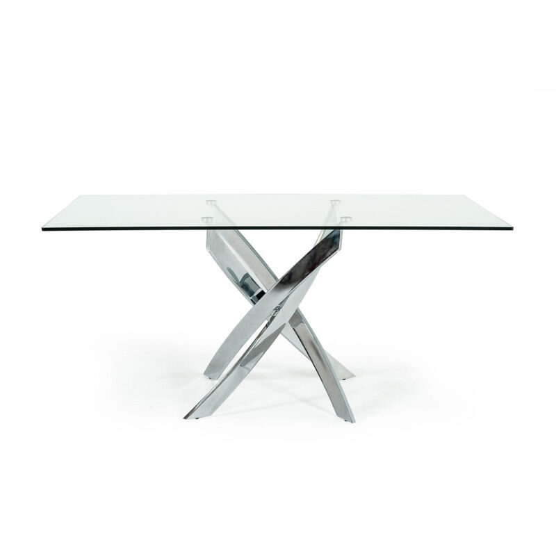 Metal and Glass Rectangular Dining Table with Entwining Legs, Silver  and Clear - Benzara image number 0