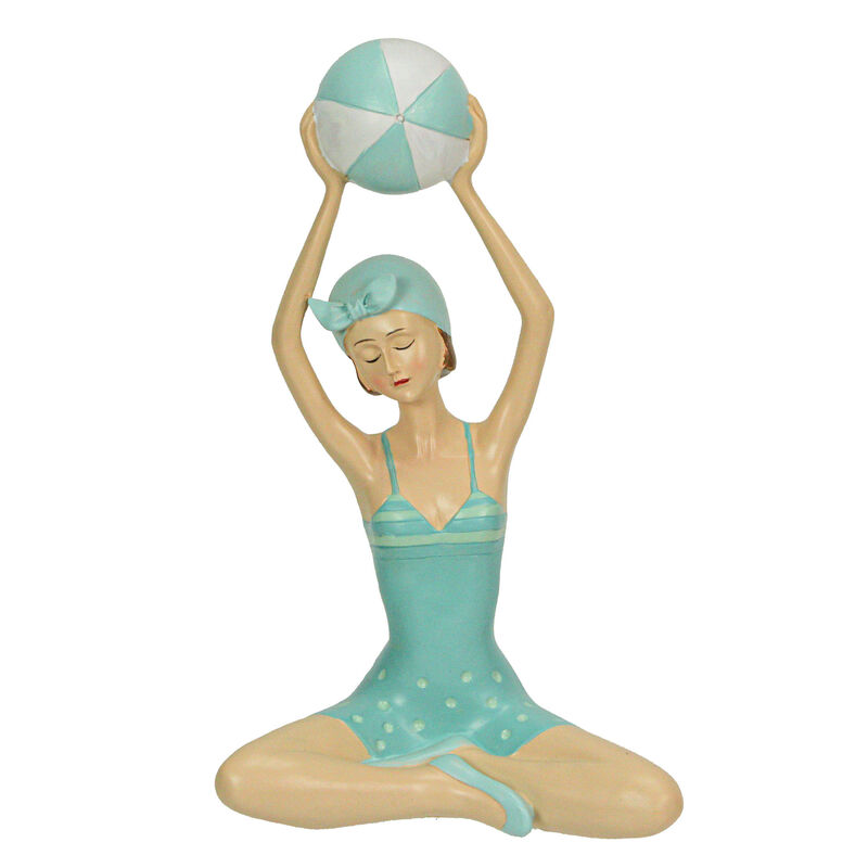 Retro Bathing Beauty Beach Girl With Ball Sage Green Polka Dot Swimsuit Figurine image number 0
