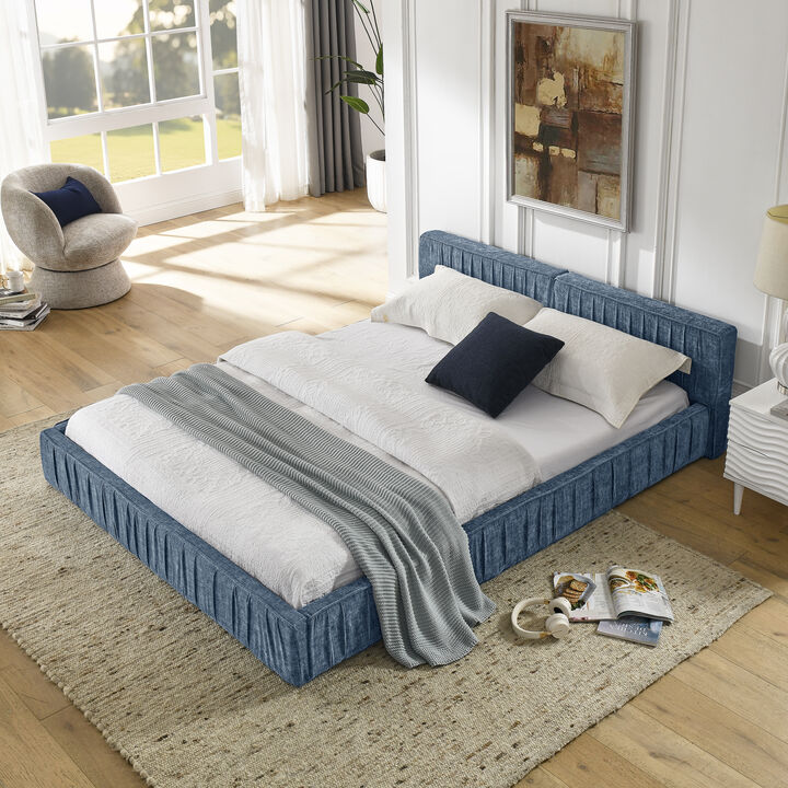 TATEUS Queen Size Chenille Upholstered Bed Frame &ndash; Pleated Design, Headboard & Solid Frame