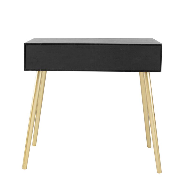 Pia 32 Inch Wood Console Table, 2 Drawers, Woven Rattan Design, Black, Gold