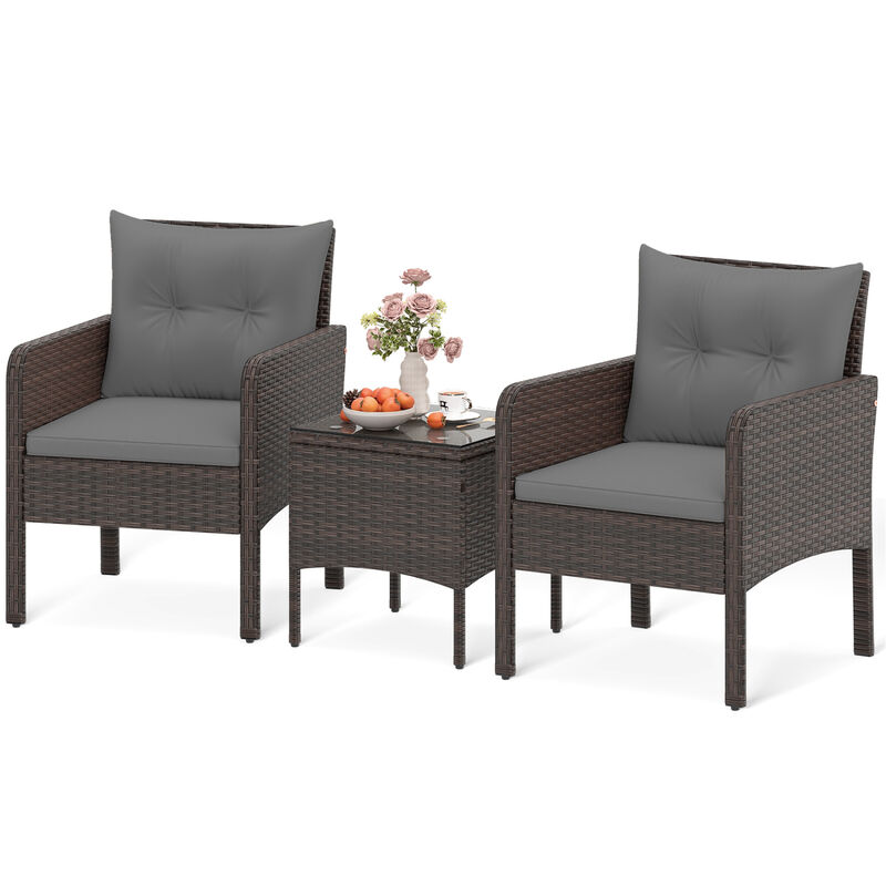 3-Piece Patio Wicker Furniture Set with Cushions for Balcony and Porch image number 3