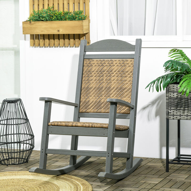 Outsunny Outdoor Rocking Chair, Traditional Wicker Porch Rocker w/ Soft Padded Seat, Breathable Backrest, Fade-Resistant Waterproof HDPE Frame with PE Rattan for Indoor & Outdoor, Dark Gray
